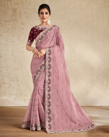 Pink Organza Stone Work Saree With Maroon Embroidered Raw Silk Blouse