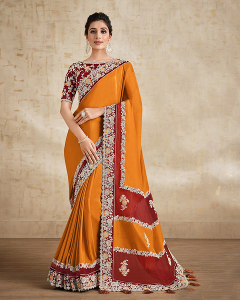 Orange Maroon Silk Georgette Embroidered Saree With Maroon Embroidered Raw Silk Blouse