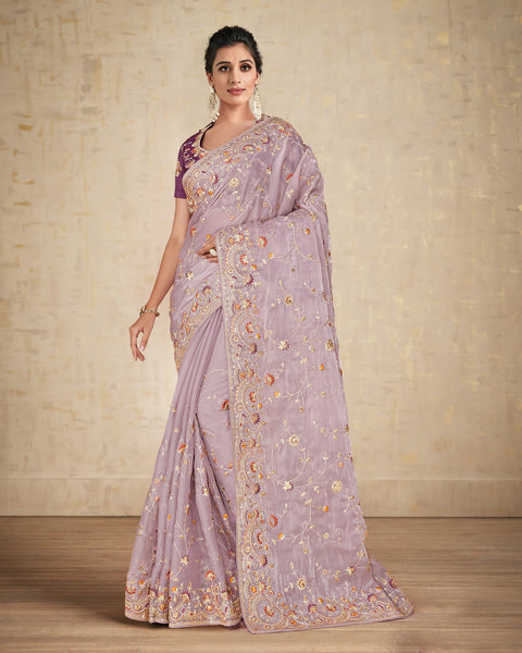 Mauve Satin Silk Embroidered Saree With Purple Raw Silk Embroidered Blouse