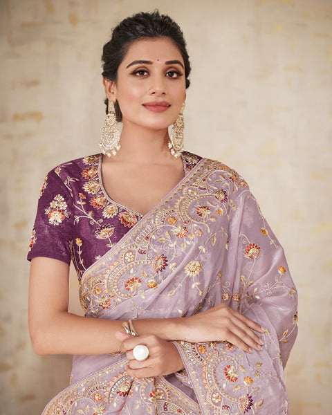 Mauve Satin Silk Embroidered Saree With Purple Raw Silk Embroidered Blouse