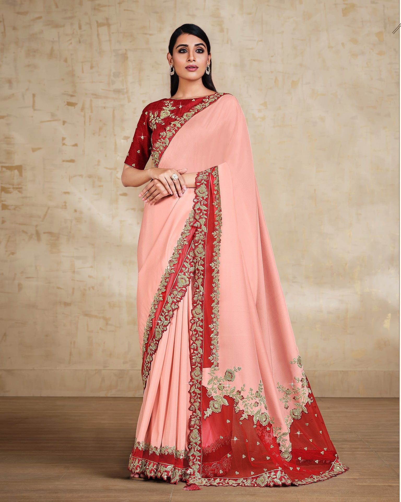 Pink & Red Satin Silk Georgette Thread Work Saree With Red Embroidered Raw Silk Blouse