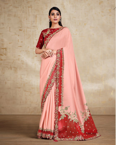 Pink & Red Satin Silk Georgette Thread Work Saree With Red Embroidered Raw Silk Blouse