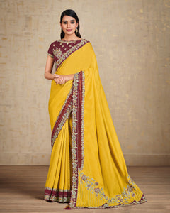 Yellow & Maroon Tusser Silk Thread Work Saree With Marooon Embroidered Raw Silk Blouse