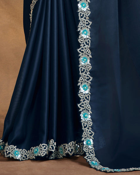 Navy Blue Satin Silk Georgette Sequins & Thread Work Saree With Blouse