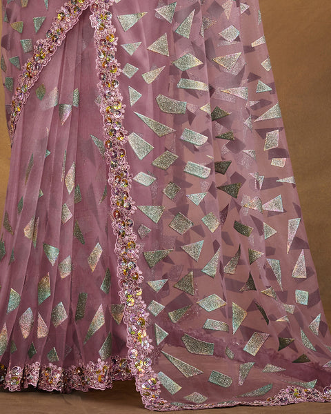 Light Purple Velvet Textured Net Stone & Thread Work Saree With Blouse