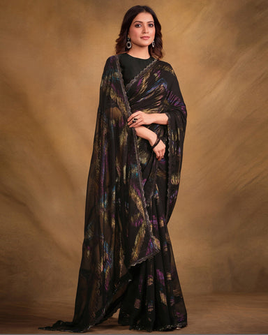 Black Zari Jacquard Print Lace Work Saree With Malai Satin Black Blouse