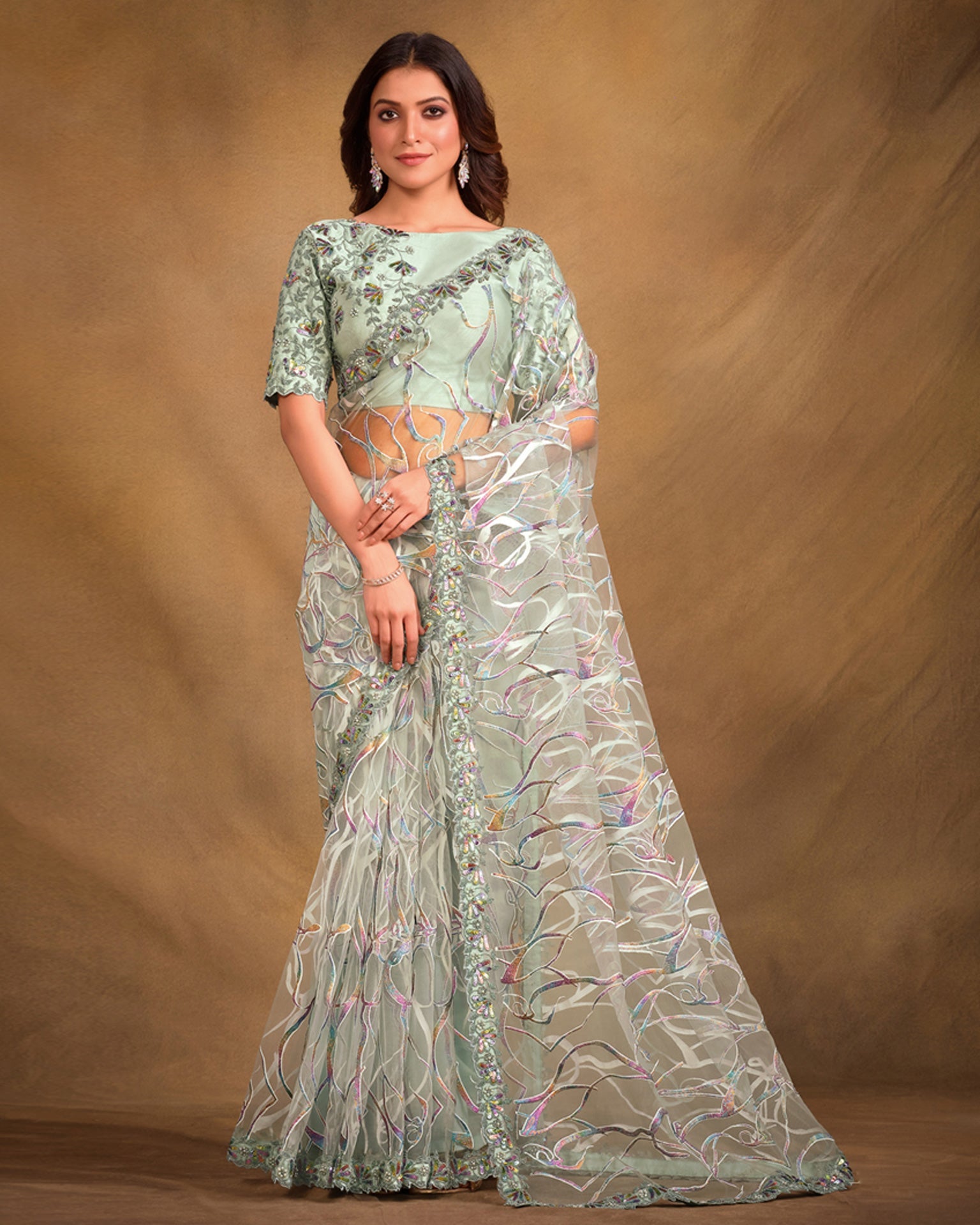 Sea Green Velvet Textured Net Sequins & Moti Work Saree With