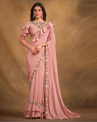 Pink Crepe Georgette Silk Zari Stone & Thread Work Saree With Embroidered Pink Blouse