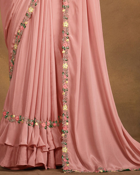 Pink Crepe Georgette Silk Zari Stone & Thread Work Saree With Embroidered Pink Blouse