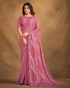 Pink Film Jacquard Georgette Sequins & Stone Work Saree With Malai Satin Blouse