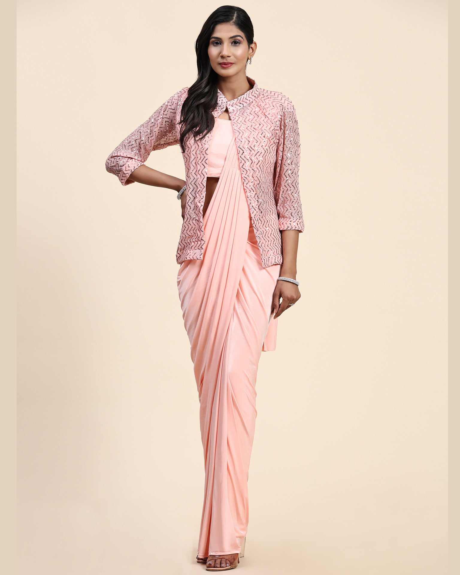 Peach Readymade Saree With Stitched Blouse & Jacket
