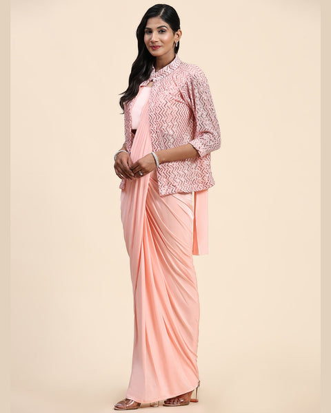 Peach Readymade Saree With Stitched Blouse & Jacket