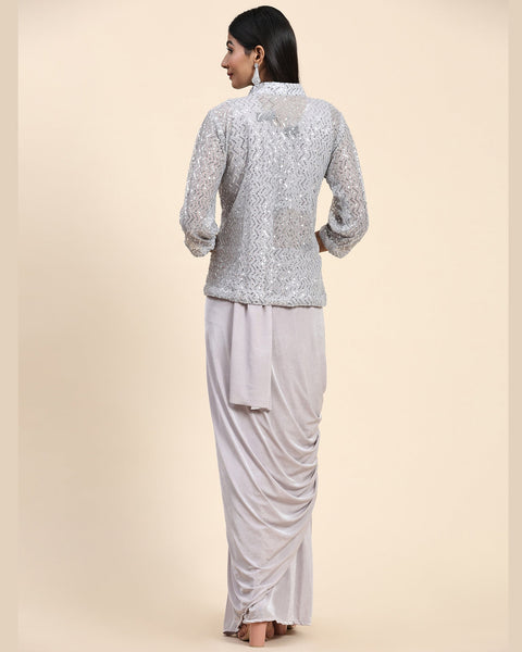 Grey Readymade Saree With Stitched Blouse & Jacket