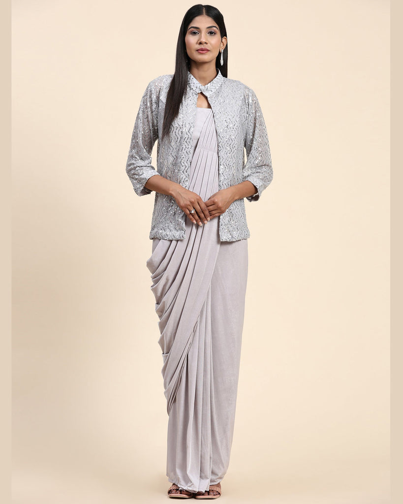 Grey Lycra Ready To Wear Saree With Jacket & Blouse – Mehak Boutique