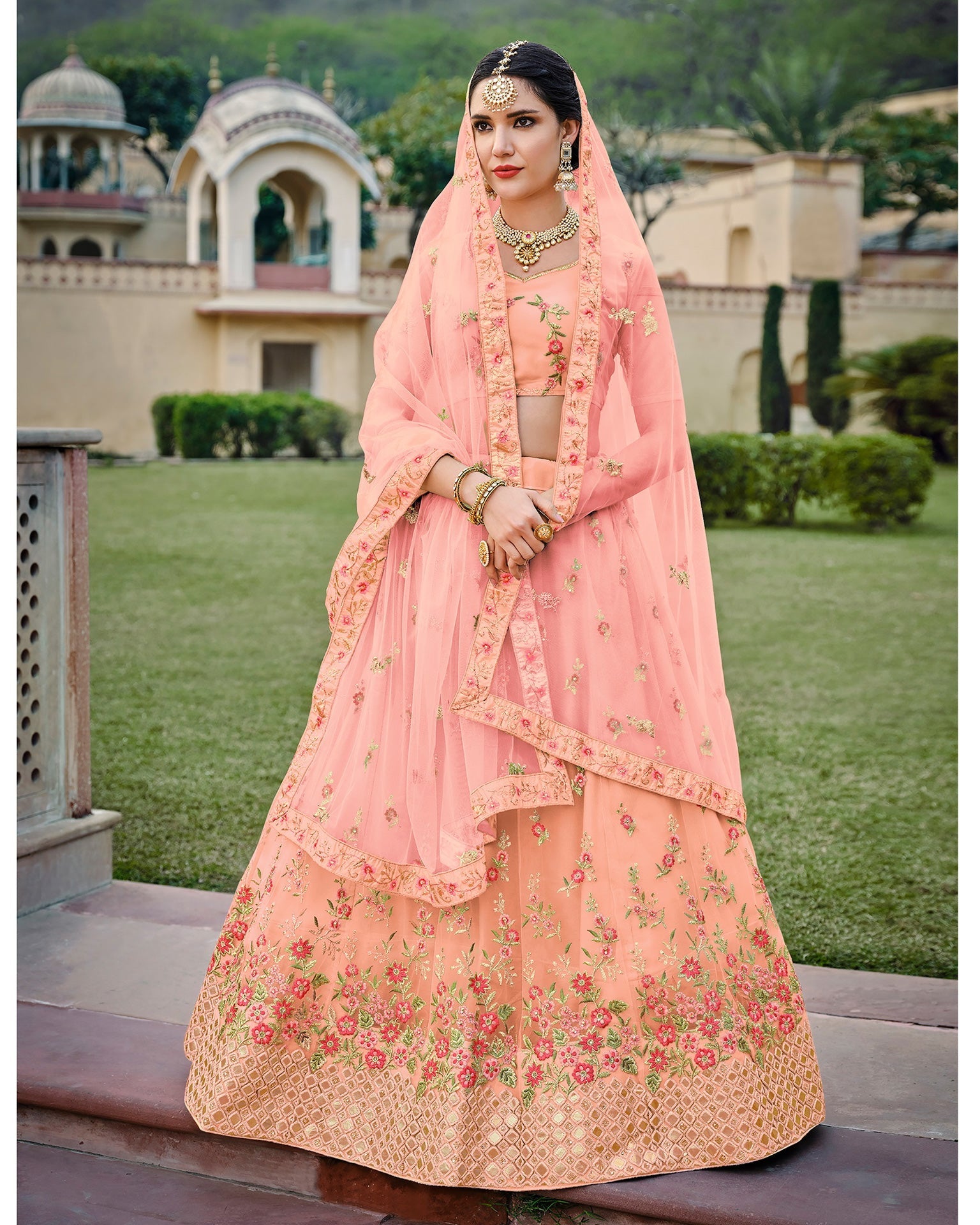 Buy Peach Floral Printed Banglori Silk Bridal Lehenga Choli With Dupatta  Online from EthnicPlus for ₹2999
