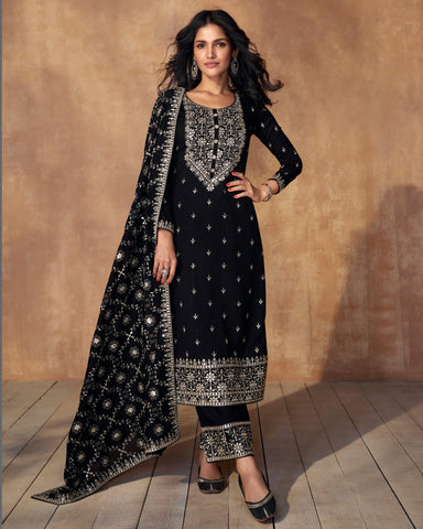 Black Thread Work Silk Palazzo Suit With Embroidered Dupatta