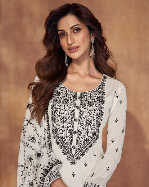 White Thread Work Silk Palazzo Suit With Embroidered Dupatta