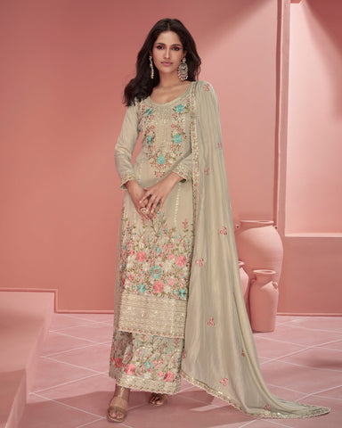 Fawn Thread Work Organza Shimmer Silk Palazzo Suit With Embroidered Dupatta