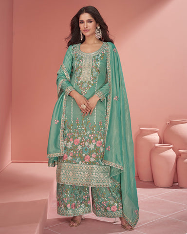 Green Thread Work Organza Shimmer Silk Palazzo Suit With Embroidered Dupatta