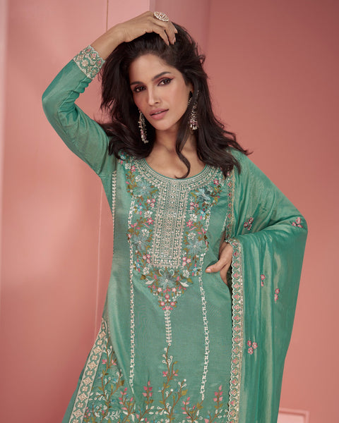 Green Thread Work Organza Shimmer Silk Palazzo Suit With Embroidered Dupatta