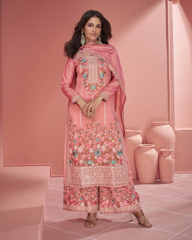 Pink Thread Work Organza Shimmer Silk Palazzo Suit With Embroidered Dupatta