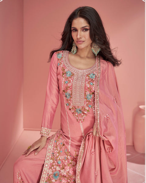 Pink Thread Work Organza Shimmer Silk Palazzo Suit With Embroidered Dupatta