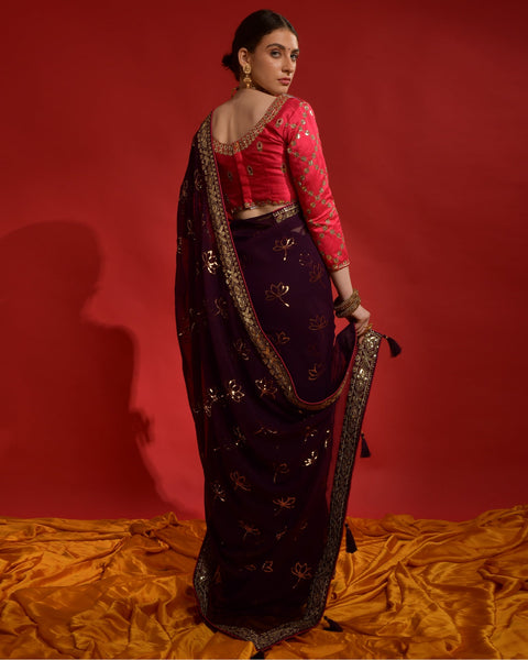 Wine Georgette Saree With Sequins Work And Red Silk Sequins Blouse