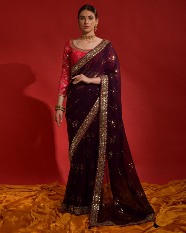 Wine Georgette Saree With Sequins Work And Red Silk Sequins Blouse