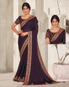 Purple Satin Silk Resham & Zari Work Saree With Raw Silk Blouse