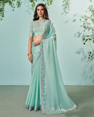 Sea Green Organza Silk Crepe Sequins Work Saree With Embroidered Blouse
