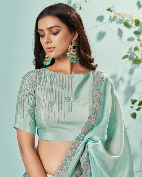 Sea Green Organza Silk Crepe Sequins Work Saree With Embroidered Blouse