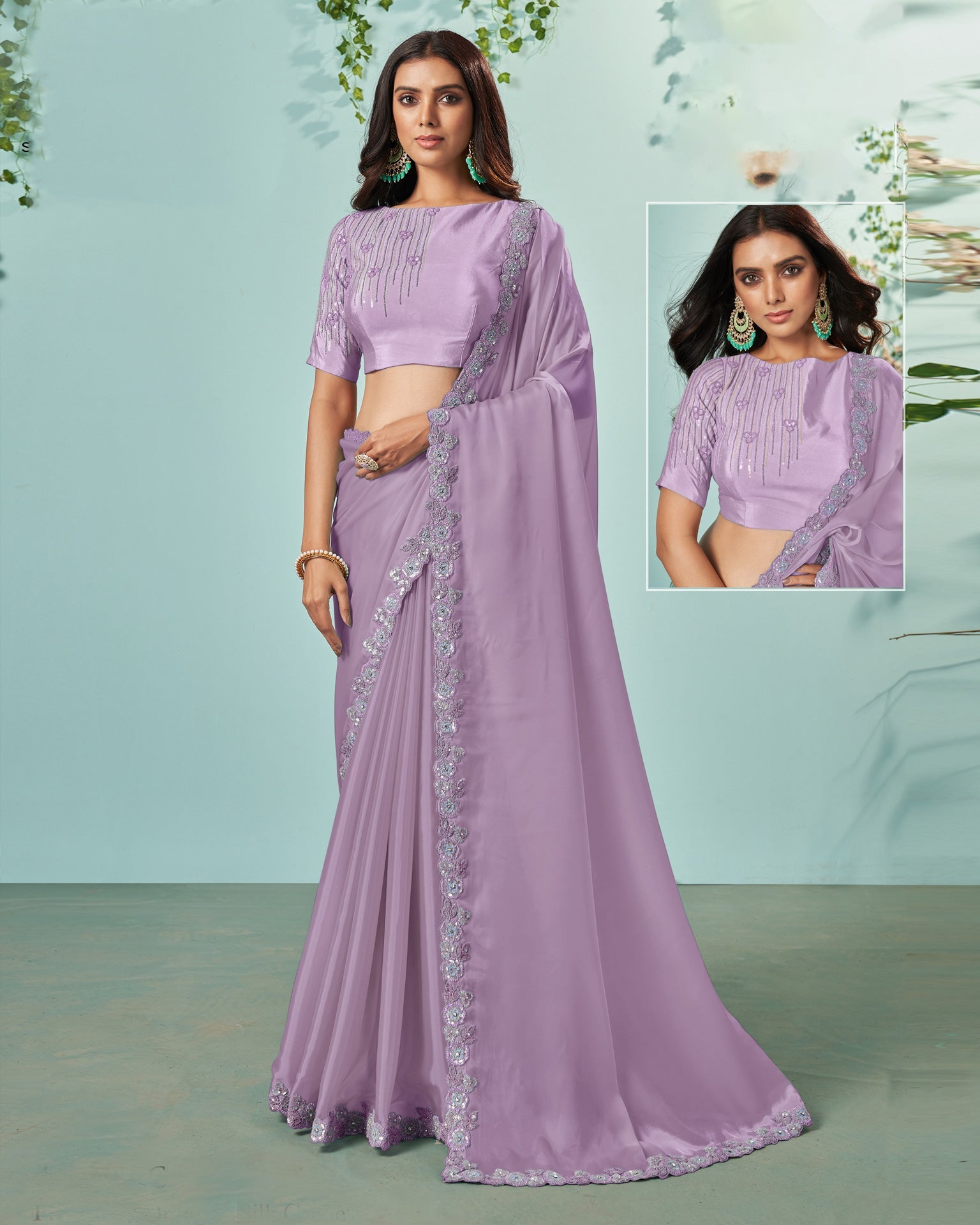 Purple Organza Silk Crepe Sequins Work Saree With Embroidered Blouse