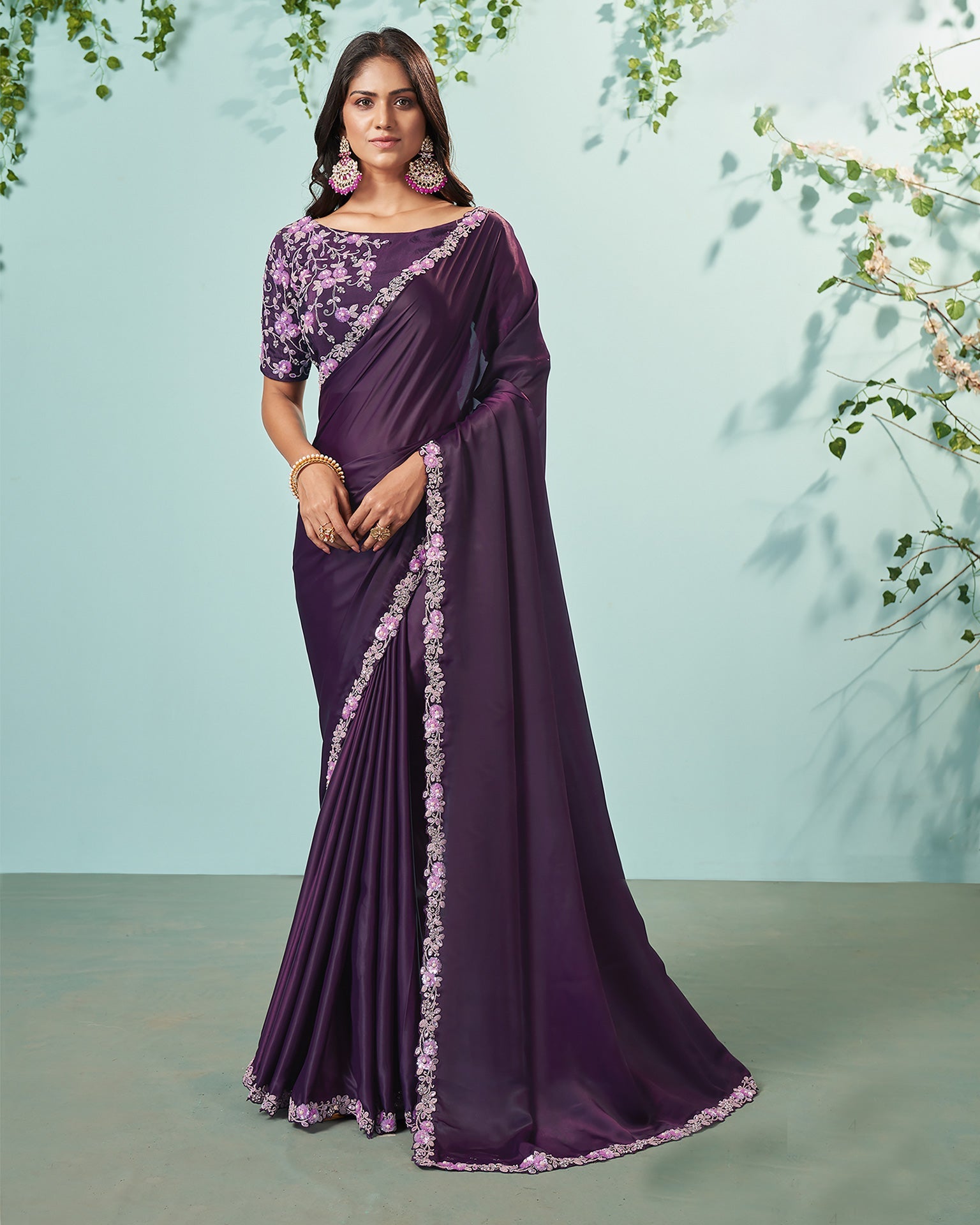 Dark Purple Silk Crepe Sequins & Moti Work Saree With Embroidered Blouse