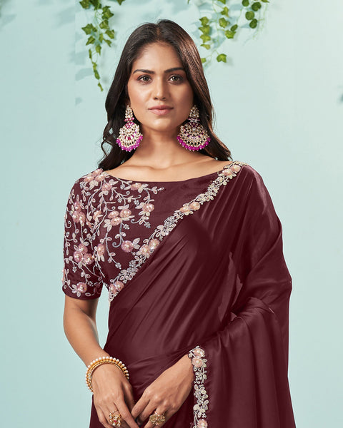 Maroon Silk Crepe Sequins & Moti Work Saree With Embroidered Blouse