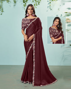 Maroon Silk Crepe Sequins & Moti Work Saree With Embroidered Blouse