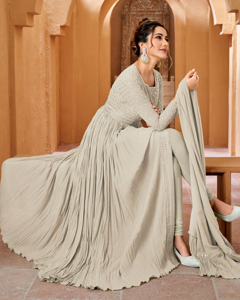 Beige Mirror Work Georgette Floor Length Wedding Anarkali Suit With Embroidered Dupatta