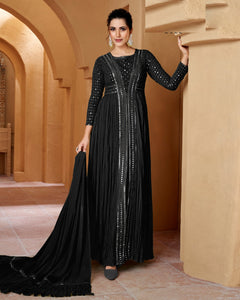 Black Mirror Work Georgette Floor Length Wedding Anarkali Suit With Embroidered Dupatta