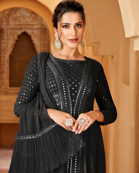 Black Mirror Work Georgette Floor Length Wedding Anarkali Suit With Embroidered Dupatta
