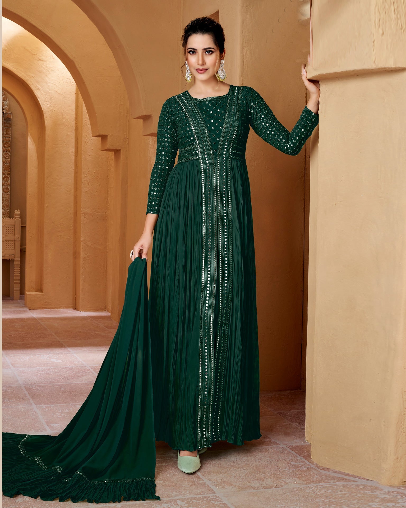 Green Mirror Work Georgette Floor Length Wedding Anarkali Suit With Embroidered Dupatta