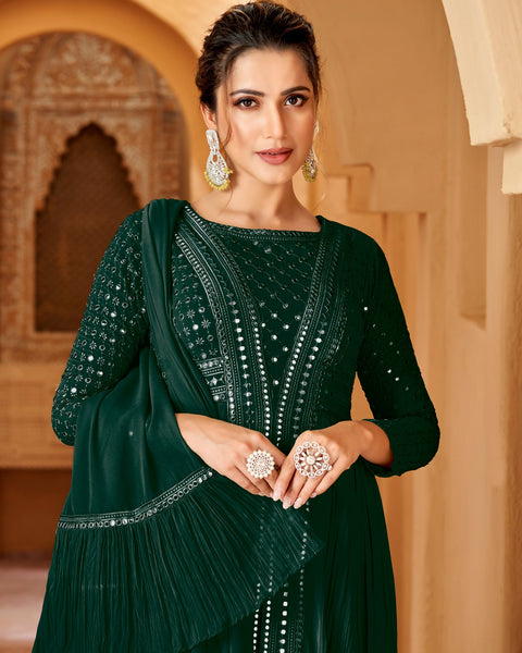 Green Mirror Work Georgette Floor Length Wedding Anarkali Suit With Embroidered Dupatta