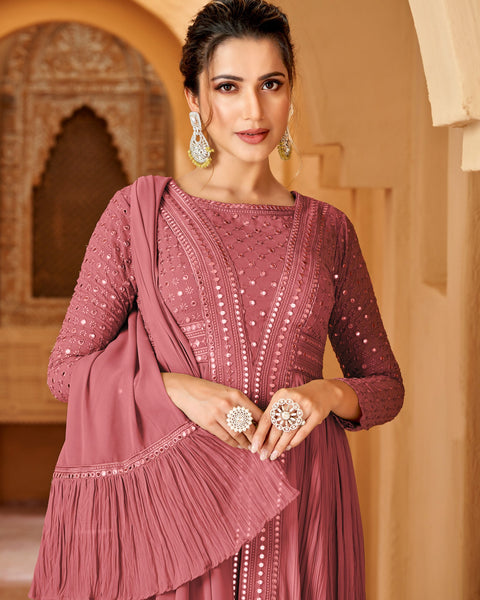 Pink Mirror Work Georgette Floor Length Wedding Anarkali Suit With Embroidered Dupatta