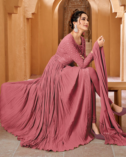 Pink Mirror Work Georgette Floor Length Wedding Anarkali Suit With Embroidered Dupatta