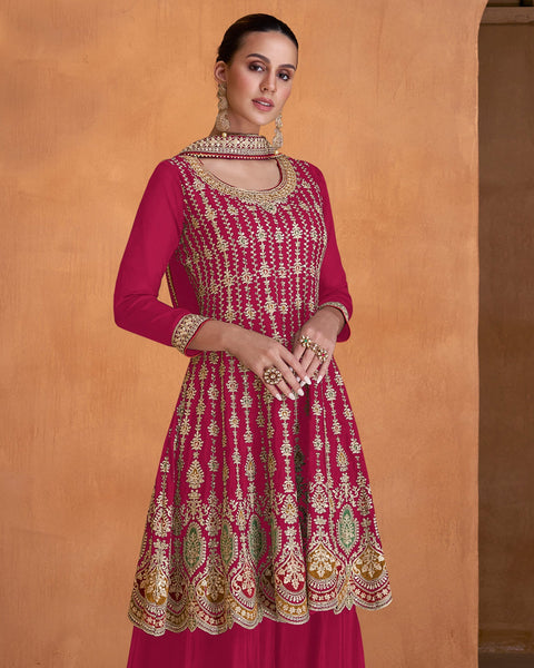 Pink Chinnon Zari Work Frock Suit With Embroidered Sharara
