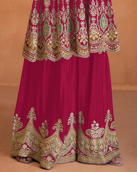 Pink Chinnon Zari Work Frock Suit With Embroidered Sharara