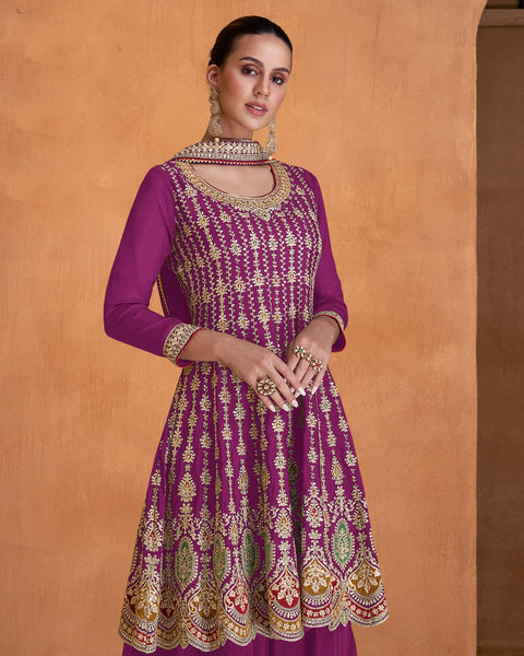 Magenta Chinnon Zari Work Frock Suit With Embroidered Sharara