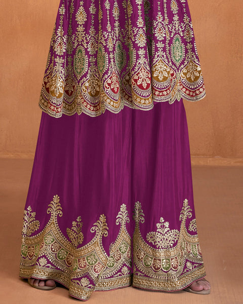 Magenta Chinnon Zari Work Frock Suit With Embroidered Sharara