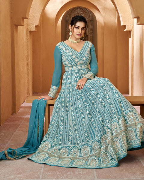 Blue Lucknowi Work Frock Suit With Georgette Dupatta