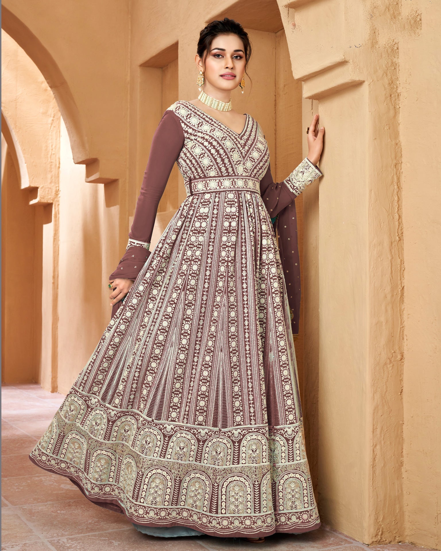 Designer Orange Anarkali Suit In Georgette With Lucknowi Chikankari  Embroidery Work