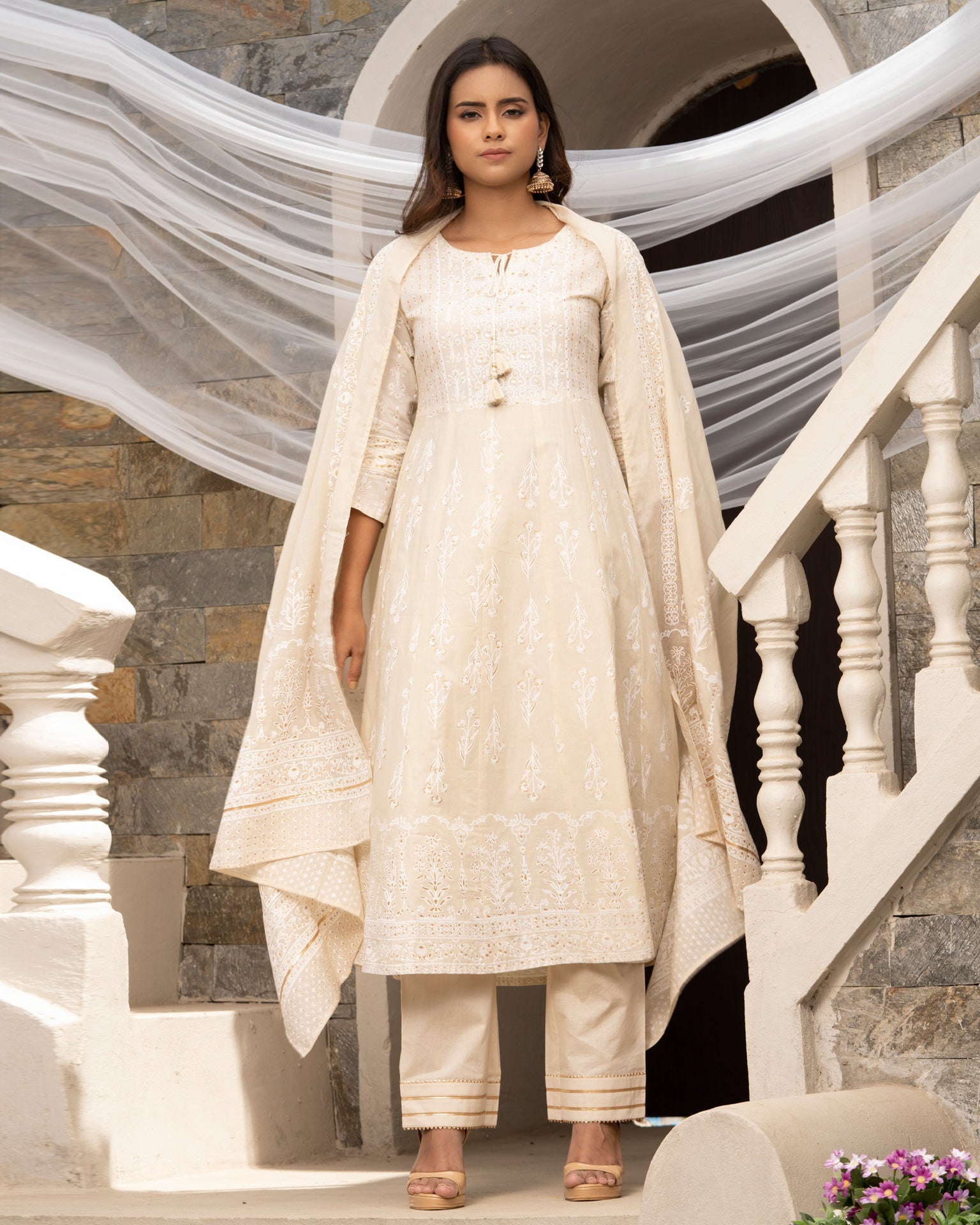 Off White Cotton Sequins Work Anarkali Kurta With Pant & Dupatta