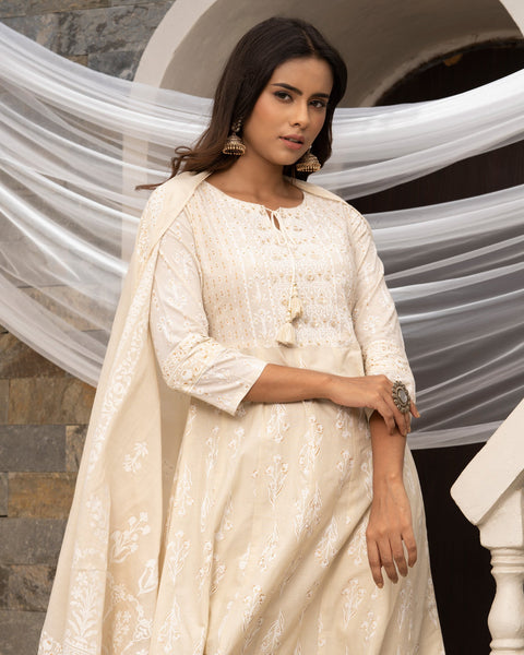 Off White Cotton Sequins Work Anarkali Kurta With Pant & Dupatta